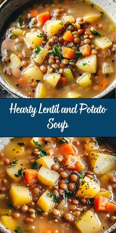 This Hearty Lentil and Potato Soup is a filling, flavorful meal made with wholesome ingredients like lentils, potatoes, carrots, and spices. Simmered to perfection, it’s an easy, nutritious soup that’s both vegan and gluten-free. Perfect for lunch or dinner, it’s cozy and satisfying! Hearty Vegan Soup, Vegan Food Recipes Healthy, Hearty Vegan Meals, Whole 30 Soup Recipes, Soup Recipes Dairy Free, Lentil And Potato Soup, Easy Vegan Soup Recipes, Meatless Dinner Recipes, Low Cholesterol Foods