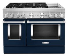 a blue oven with two burners on the front and one in the back, against a white background