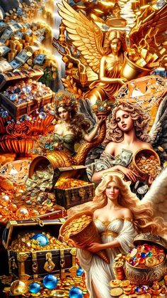 a painting of angels surrounded by gold and jewels