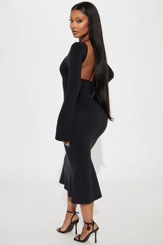 Available In Chocolate And Black. Open Back Midi Dress High neckline Long bell sleeves Tie back Backless Stretch Length = 45" Self: 50% Modal 47% Polyester 3% Spandex Imported | Evening Sky Open Back Midi Dress in Black size Large by Fashion Nova Stretch Backless Midi Dress With Back Opening, Party Dress With Cutout Back, Evening Stretch Backless Midi Dress, Bodycon Backless Elastane Dress For Night Out, Bodycon Elastane Backless Dress For Night Out, Elastane Bodycon Backless Dress For Night Out, Stretch Midi Dress With Cutout Back, Stretch Elastane Backless Dress For Night Out, Stretch Elastane Backless Bodycon Dress