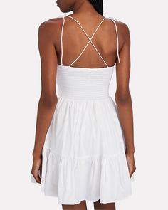 STAUD Landry Ruffled Mini Dress in White | INTERMIX® Chic Mini Dress With Ruffled Straps For Vacation, Chic Smocked Mini Dress For Vacation, Chic Mini Smocked Dress For Vacation, Chic Mini Dress With Smocked Bodice For Vacation, Chic Mini Dress With Ruched Bodice And Ruffled Straps, Chic Mini Dress With Smocked Bodice And Ruffled Straps, Summer Smocked Mini Dress With Ruched Bodice, Party Mini Dress With Smocked Bodice And Ruffled Straps, Summer Mini Smocked Dress With Ruched Bodice