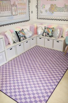 a purple and white checkered area rug in a playroom with lots of storage