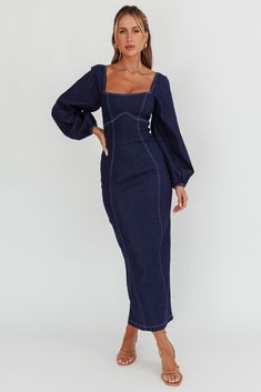 Bay Side Long Sleeve Denim Midi Dress Indigo by Selfie Leslie Long Sleeve Denim Dress, Yellow Bridesmaid Dresses, Yellow Bridesmaids, Brunch Date, Denim Midi Dress, Veil Hairstyles, Iron Material, Date Night Dresses, Mini Dress Casual