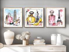 three paintings on the wall of a room with vases and bottles in front of them