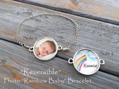 a baby's photo is attached to a chain with the words reversible, rainbow baby bracelet