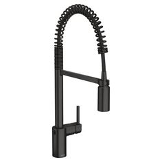 a black sink faucet with an open spout and hose attached to it