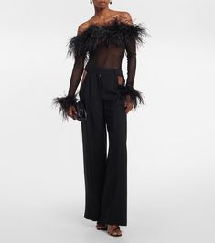 Feather Trimmed Mesh Bodysuit in Black - Oseree | Mytheresa Luxury Outerwear, Fringed Belt, Bodysuit Black, Mesh Bodysuit, Fringe Skirt, Floral Shoes, Ostrich Feathers, Mens Scarves, Suit Accessories