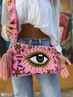 Pink Evil Eye, Sac Diy, Boho Chic Style, Mode Boho, Boho Bags, Clutch Bags, Thread Crochet, Boho Stil, Looks Style