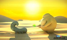 two cartoon animals are sitting in the desert at sunset, one is holding a green leaf