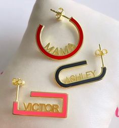 "Super cool and on trend! Customizable name/word hoops Customize them any way you like! Hoops are: -sterling silver -available in gold, silver or rose gold -stamped \"925\" ** in the \"letter to seller\" section please include your email address** Free shipping in the US!! $14 to ship anywhere outside of the US If you have questions please don't hesitate to ask. Happy shopping!!" Diamond Cufflink, Name Earrings, Charm Rings, Jewelry Earrings Hoops, Email Address, Super Cool, Personalized Custom, Shop Necklaces, Or Rose