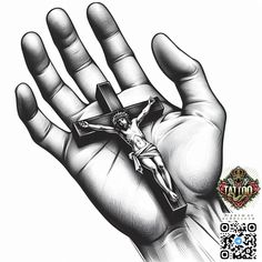 a hand with a cross on it is holding up the palm