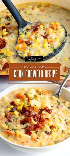 corn chowder recipe in a white bowl with a ladle on the side and title text overlay