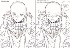 two drawings of one man wearing a scarf and the other with his hand on his head