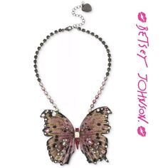 Brand New Authentic Never Used Betsey Johnson Hematite Tone Glitter & Stone Large Butterfly Statement Necklace, 16" + 3" Extender. Betsey Johnson Provides A Fashion Metamorphosis With This Beyond Stunning Glitter And Stone Large Butterfly Statement Necklace. Set In Hematite-Tone Mixed Metal. Approx. Length: 16" + 3" Extender; Approx. Drop: 3" Lobster Clasp Free Complimentary Box Ve Pink Rhinestone Party Necklaces, Glamorous Pink Evening Necklaces, Glamorous Pink Necklace For Party, Largest Butterfly, Betsey Johnson Jewelry, Butterfly Necklace, Mixed Metals, Things To Buy, Betsey Johnson