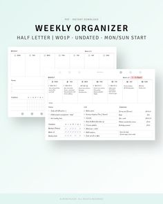 the weekly planner is displayed on top of a blue background