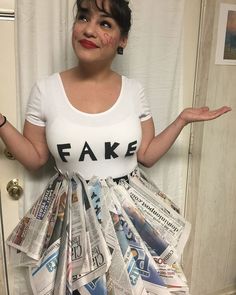 a woman with fake newspaper around her body