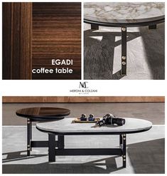 the coffee table is made from marble and metal