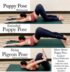 a woman doing yoga poses on a mat with the words, puppy pose and dog pose