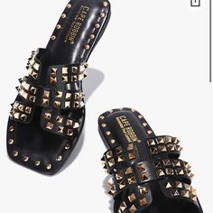 Super Cute Black Sandals With Studs! Insanely Comfortable, Which You May Not Think When You First Look At Them! Leather Is Fresh, Studs Are Vibrant! Brand New, Have Never Been Worn, But No Tags :/ Netherlands Fashion, Studs And Spikes, Slides For Women, Flat Slippers, Statement Shoe, Summer Flats, Embellished Sandals, Studded Sandals, Womens Mules