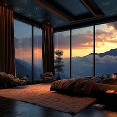 a bedroom with a large window overlooking the mountains and clouds at sunset or dawn,