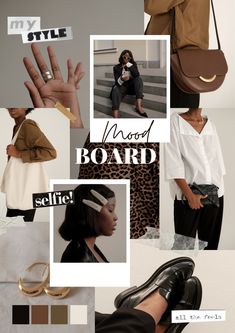 the collage shows different types of clothing and accessories, including shoes, handbags, purses