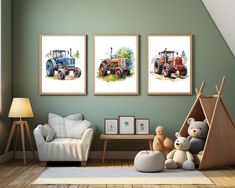 three paintings on the wall of a child's room with toys in front of them