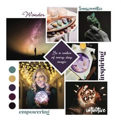 collage with soft purples, greens, and yellows. Depicts the words; wonder, transformative, inspiring, empowering, intuitive and a quote saying "Be a seeker of every day magic". Magician Brand Archetype Moodboard, Magician Brand Archetype Color Palette, Clay Aesthetic, Personality Archetypes, Brand Purpose, Branding Inspo