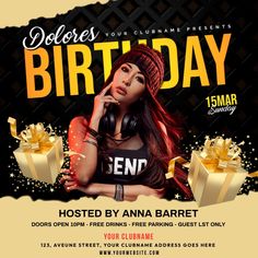 a flyer for a birthday party with an image of a woman wearing headphones and holding a