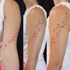 two pictures of the same person with different tattoos on their arms and shoulder, both showing scars