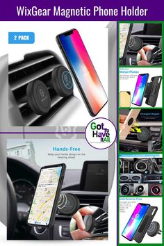 an advertisement for the wireless car phone holder with multiple pictures and instructions to use it