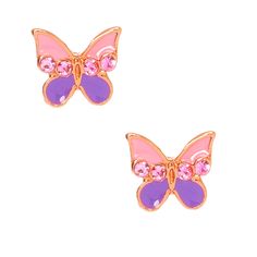 Show off your love for butterflies with these super girly earrings! This pair of rose gold earrings feature a pink & purple butterfly with pretty pink stones on each stud. Finish: Rose gold Closure: Post back - Claire's Rose Gold Pink & Purple Butterfly Stud Earrings Pink Butterfly Charm Earrings, Cute Pink Butterfly Earrings, Girly Earrings, Pink Purple Butterfly, Piercing Kit, Butterfly Stud Earrings, Baby Earrings, Butterfly Earrings Stud, Fashionable Jewelry