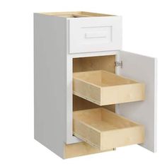 a white cabinet with two drawers on the bottom and an open drawer below it that is closed