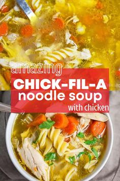 chicken noodle soup in a bowl with spoons on the side and title overlay