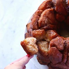 a bundt cake on a plate being held by a person