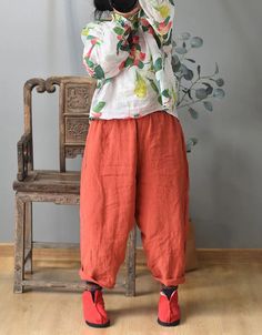 Over Size 9-point Pure Linen Trousers — Obiono Solid High-waisted Linen Harem Pants, Vacation Linen Full-length Bottoms, Loose Fit Linen Wide-leg Harem Pants, Red Full-length Cotton Harem Pants, Denim Pants Outfit, Stretch Linen Full-length Bottoms, Loose Linen Pants, Summer Linen Pants, Linen Trousers