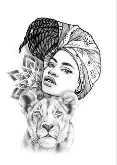 a drawing of a woman and a lion