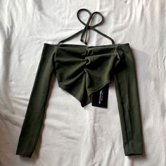 Shape Olive Green Rib Ruched Front Long Sleeve Crop Top Brand New With Tags Size 2 Green Fitted Crop Top For Brunch, Olive Green Crop Top, Bardot Crop Top, Open Back Crop Top, Pink Corset, Cream Shirt, Green Crop Top, Strap Crop Top, White Long Sleeve Top