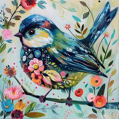 a painting of a blue bird sitting on a branch with flowers and leaves around it