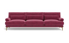 a pink couch with wooden legs and pillows on the back, in front of a white background