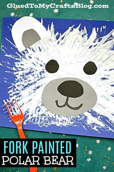 a polar bear made out of paper on top of a blue background with the words fork painted