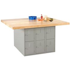 a kitchen island with two lockers and a cutting board on the top, in front of a white background