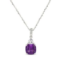 For her February birthday celebration or to mark any special occasion, thhs necklace is a stylish choice. Crafted in sterling silver A regal cushion-cut amethyst is topped with a dazzling trillion-cut white lab-created sapphire White lab-created sapphires sparkle along the bail Bezel-set round amethysts shimmer on both sides of the setting to complete the look The adjustable 18-inch cable chain secures with a lobster clasp Formal Cushion Cut Gemstone Necklace, Classic Purple Necklace For Anniversary, Purple Necklace For Anniversary With Hallmark, Classic Cushion Cut Purple Jewelry, Purple Cushion Cut Jewelry Gift, Classic Purple Cushion Cut Jewelry, Purple Hallmarked Necklaces For Anniversary, Purple Necklaces For Anniversary, Classic Purple Necklace For Gift