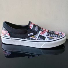 Vans Men's Classic Slip-On Label Mix Canvas Sneaker In Black / True White ~ Its Comfortable Silhouette, Easy Wearability & Beloved Design :) Retail: $75 Style: Unisex Condition: Brand New With Tag & Original Shoe Box Men's Size: 9.5 Black Skate Shoes With Graphic Print For Sports, Black Graphic Print Skate Shoes For Sports, Black Skate Shoes With Graphic Print And Round Toe, Black Skate Shoes With Graphic Print For Streetwear, Casual Black Skate Shoes With Logo Print, Black Skate Shoes With Graphic Print, Black Graphic Print Skate Shoes For Streetwear, Graphic Print Slip-on Sneakers For Streetwear, Vans Black And White