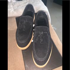 Black Size 7 Uk / Size 8 Us New + Never Wore Comes In Box Casual Black Slip-on Tassel Loafers, Casual Suede Tassel Loafers, Black Suede Slip-on Tassel Loafers, Black Tassel Slip-on Loafers, Casual Black Leather Tassel Loafers, Casual Suede Tassel Loafers With Round Toe, Casual Slip-on Loafers With Tassels, Casual Tassel Slip-on Loafers, Black Slip-on Tassel Loafers For Fall