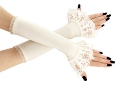 gloves without fingers with lace for bride to the wedding    long fingerless gloves for womens, evening gloves in gothic, burlesque, vintage or bohemian style, fingerless gloves, handcrafted gloves extending to the elbow, arm warmers made from highly stretch fabric for the perfect fit, womens gloves   color primary : ivory, contains : pair, fabric 1 : elastic lace, fabric 2 : lace, fabric basic : elastic fabric, length : 11.8 inches, Lace Gloves Wedding, Glamour Gloves, Diy Mittens, Ivory Gloves, White Lace Gloves, Manset Lengan, Burlesque Vintage, Lace Fingerless Gloves, Long Fingerless Gloves