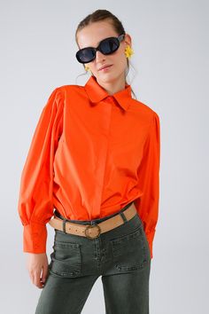 Q2 Basic poplin orange shirt with balloon long sleeves Swimsuit Wrap, Cotton Poplin Fabric, Orange Shirt, Denim Jacket Men, Basic Long Sleeve, Collar Blouse, Mens Sportswear, Poplin Shirt, Balloon Sleeves