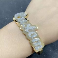 Material: Copper. Color: Gold. Chain Length: 5.5",6.5",7.5",8.5". Width: 8mm. Process: Gold plated. Recipient: Women, Men, Mom, Wife, Girl Friend, Boy Friend, Children, Family. Product Type: Jewelry. Gift Type: Bracelet. Occasions: Valentine's Day, Mother's Day, Father's Day, Christmas, Birthday, etc. Bracelet Type: Name Bracelet. Brand: Silviax Jewelry. Silver Nameplate Bracelet, Silver Metal Nameplate Bracelet, Customized Silver Metal Name Bracelet, Silver Name Bracelet In Metal, Silver Metal Name Bracelets, Silver Metal Name Bracelet, Silver Metal Bracelets With Name Detail, Elegant Metal Bracelet With Custom Name, Personalized Silver Name Bracelet For Party