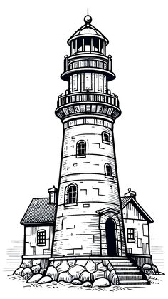 a black and white drawing of a lighthouse