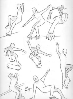 a black and white drawing of people doing different poses on skateboards with their hands in the air