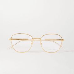 Bottega Veneta Round-Frame Gold-Tone and Acetate Optical Glasses Gold Frame Glasses Outfit, Gold Frame Eyeglasses For Women, Gold Frames Glasses, Gold Rimmed Glasses Women, Gold Frame Glasses Women, Gold Glasses Frames For Women, Hk Outfit, Gold Rim Glasses, Gold Frame Glasses